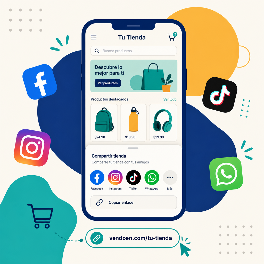 Celular compartiendo tu tienda Vendoen en redes sociales
